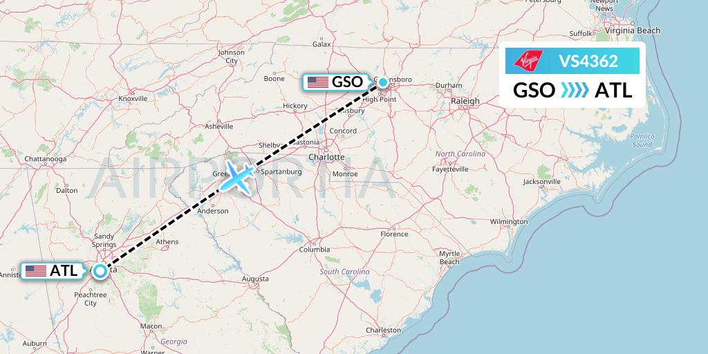 VS4362 Virgin Atlantic Airways Flight Map: Greensboro to Atlanta
