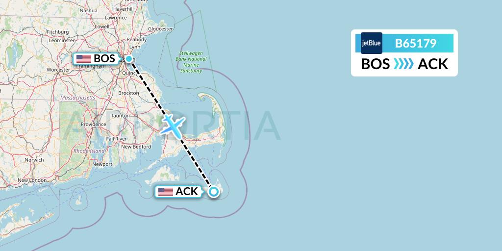 B65179 JetBlue Airways Flight Map: Boston to Nantucket