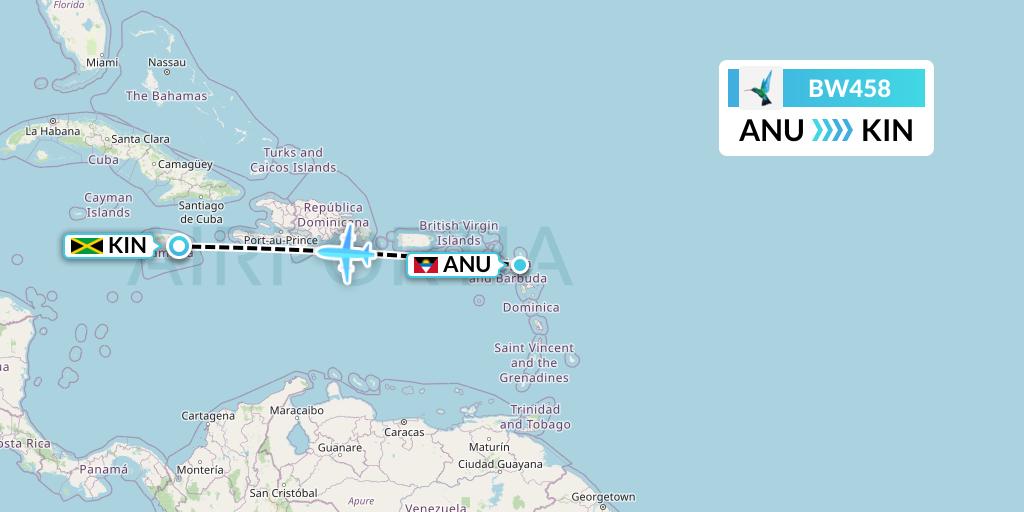 BW458 Caribbean Airlines Flight Map: Antigua to Kingston
