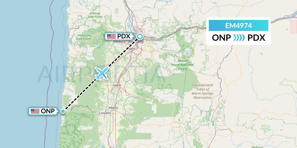 EM4974 Empire Airlines Flight Map: Newport to Portland