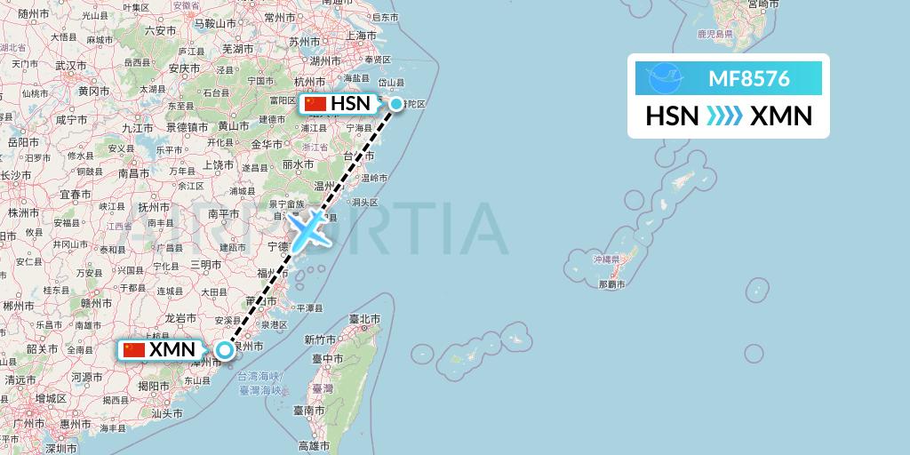 MF8576 Xiamen Airlines Flight Map: Zhoushan to Xiamen
