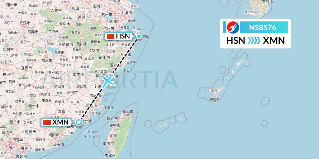NS8576 Hebei Airlines Flight Map: Zhoushan to Xiamen