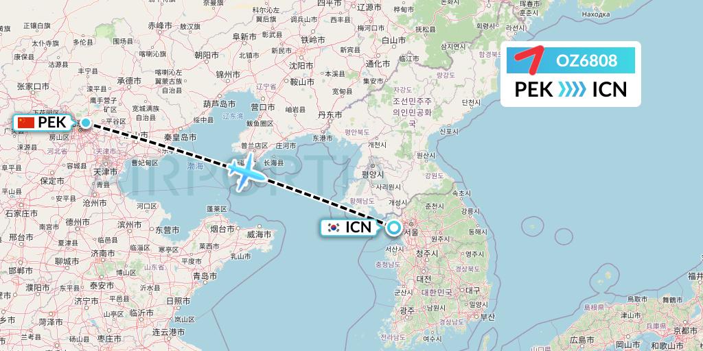 OZ6808 Asiana Airlines Flight Map: Beijing to Seoul