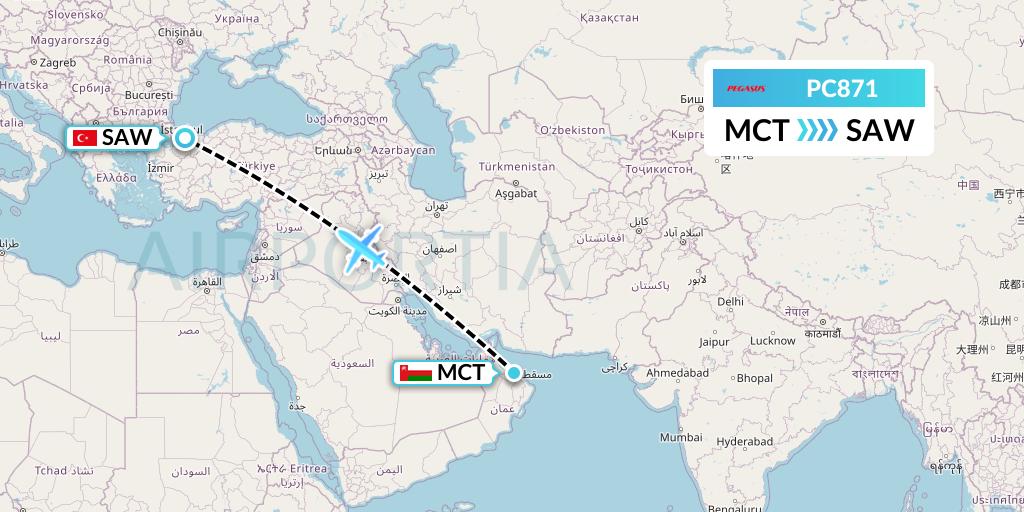 PC871 Pegasus Airlines Flight Map: Muscat to Istanbul