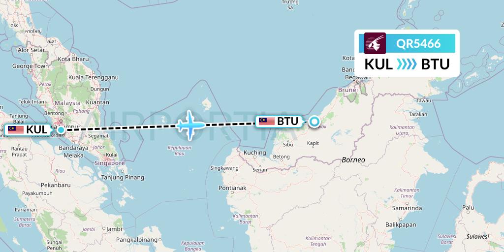 QR5466 Qatar Airways Flight Map: Kuala Lumpur to Bintulu