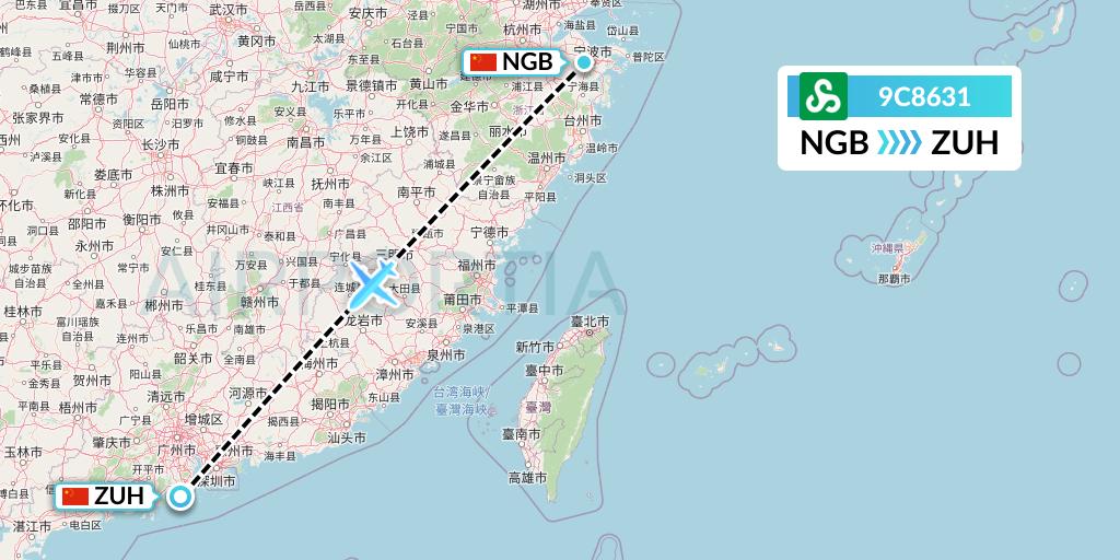 9C8631 Spring Airlines Flight Map: Ningbo to Zhuhai