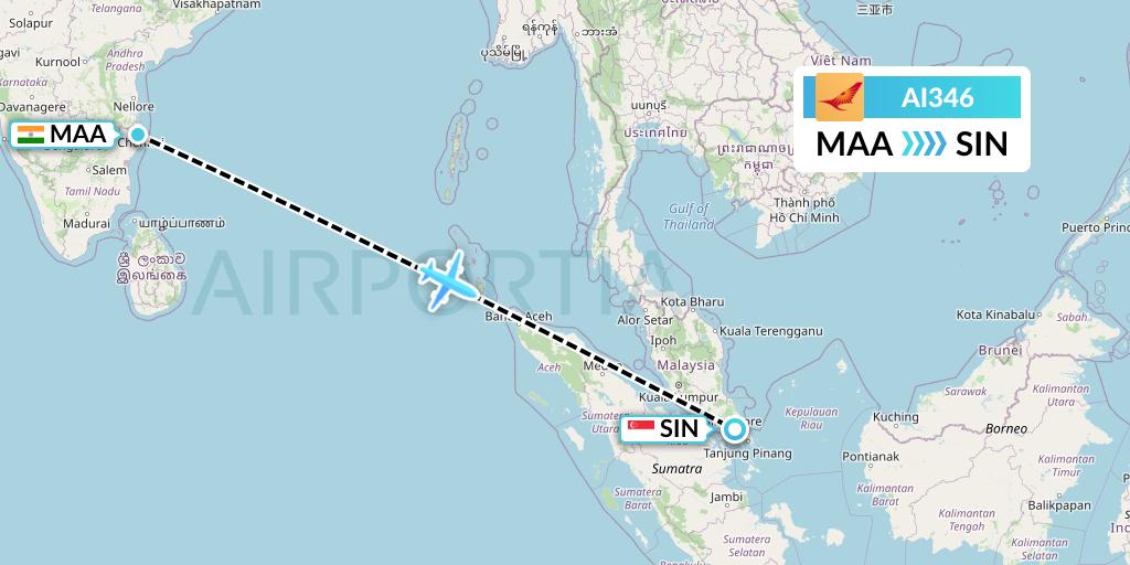 AI346 Air India Flight Map: Chennai to Singapore