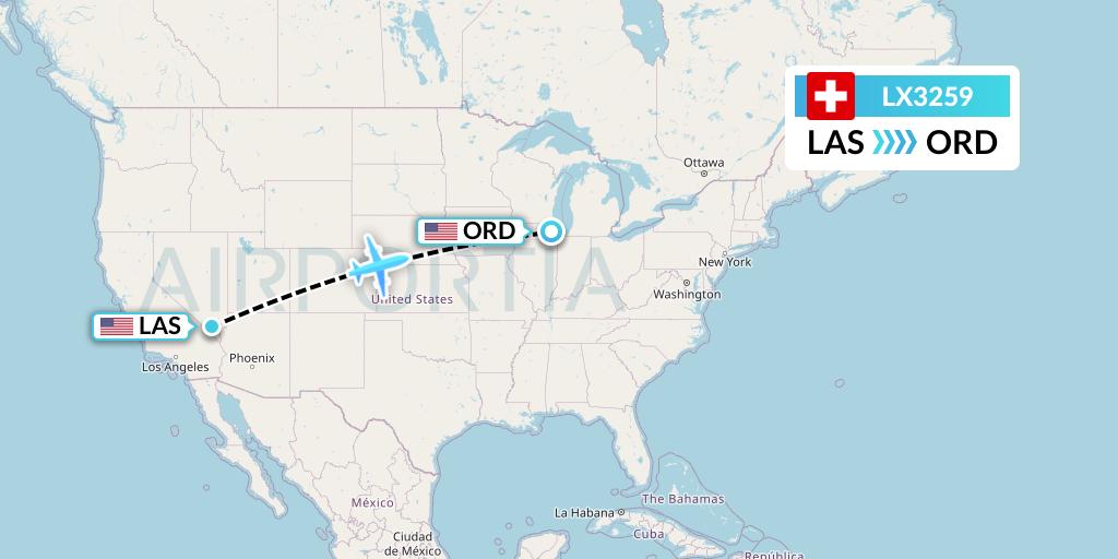 LX3259 Swiss Flight Map: Las Vegas to Chicago