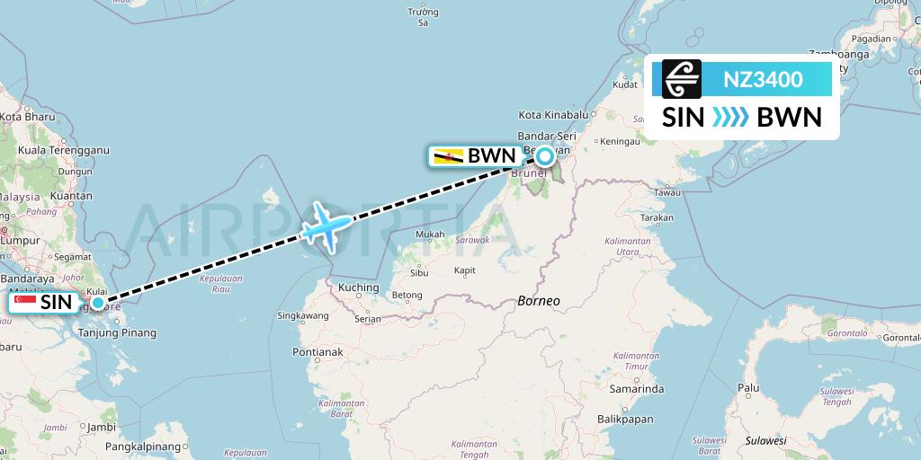 NZ3400 Air New Zealand Flight Map: Singapore to Brunei