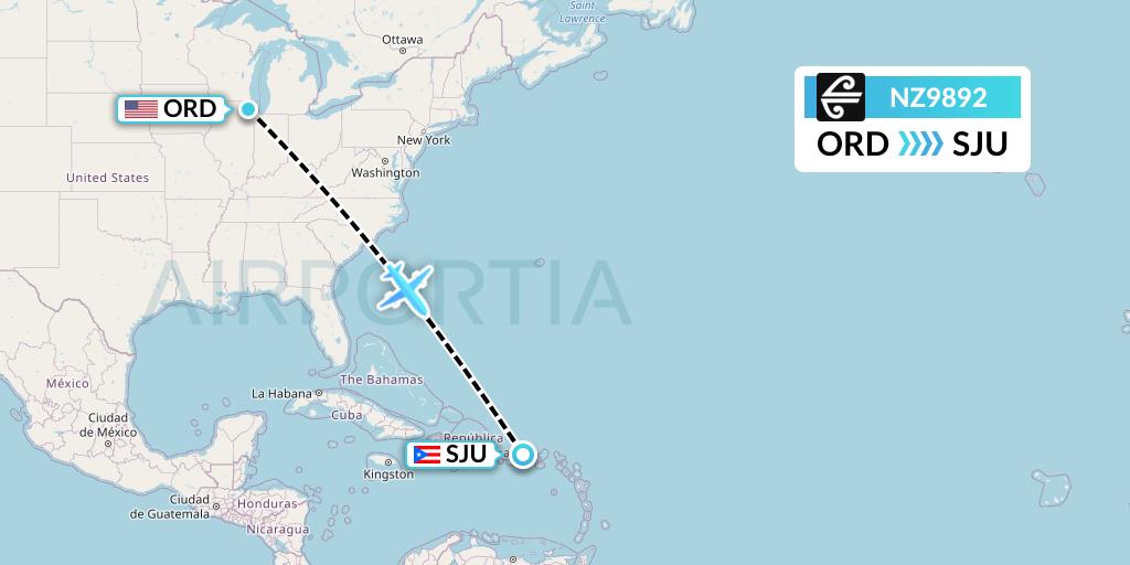 NZ9892 Air New Zealand Flight Map: Chicago to San Juan