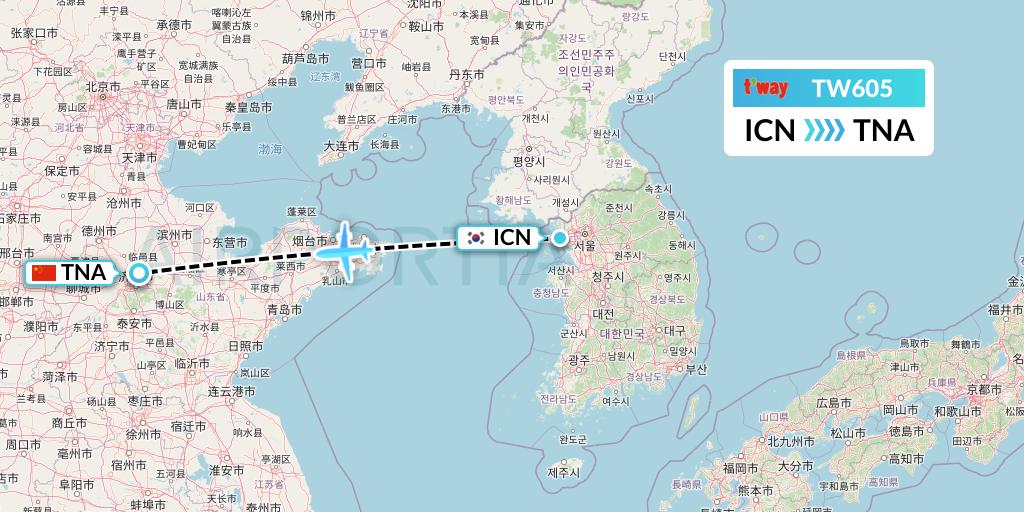 TW605 T'way Air Flight Map: Seoul to Jinan