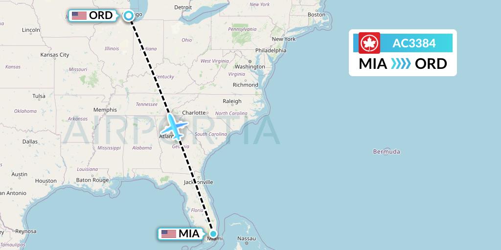 AC3384 Air Canada Flight Map: Miami to Chicago