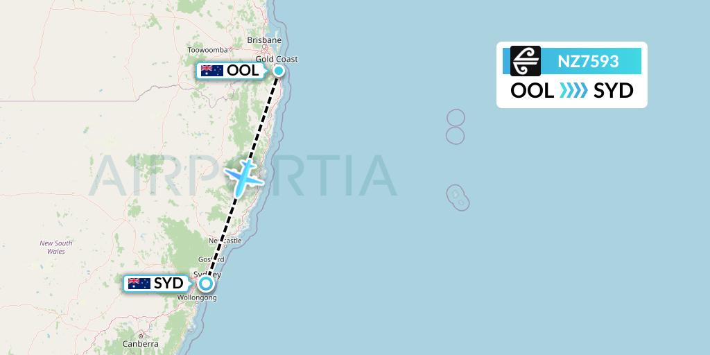 NZ7593 Air New Zealand Flight Map: Gold Coast to Sydney