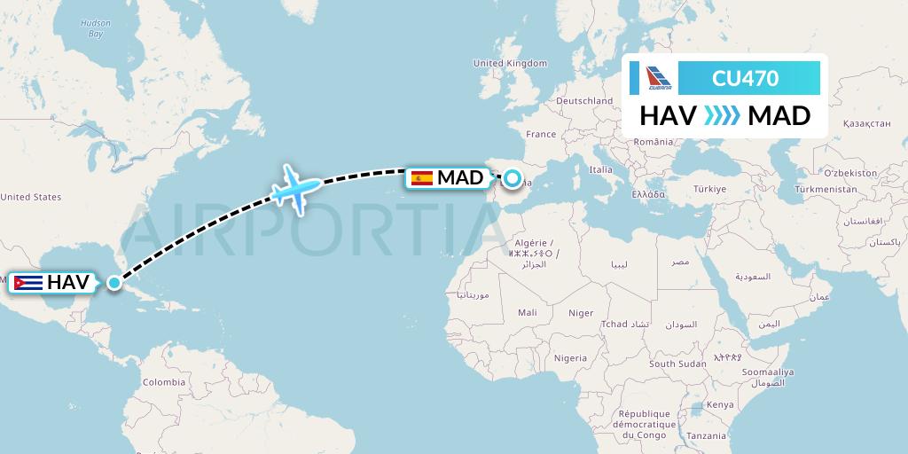 CU470 Cubana Flight Map: Havana to Madrid