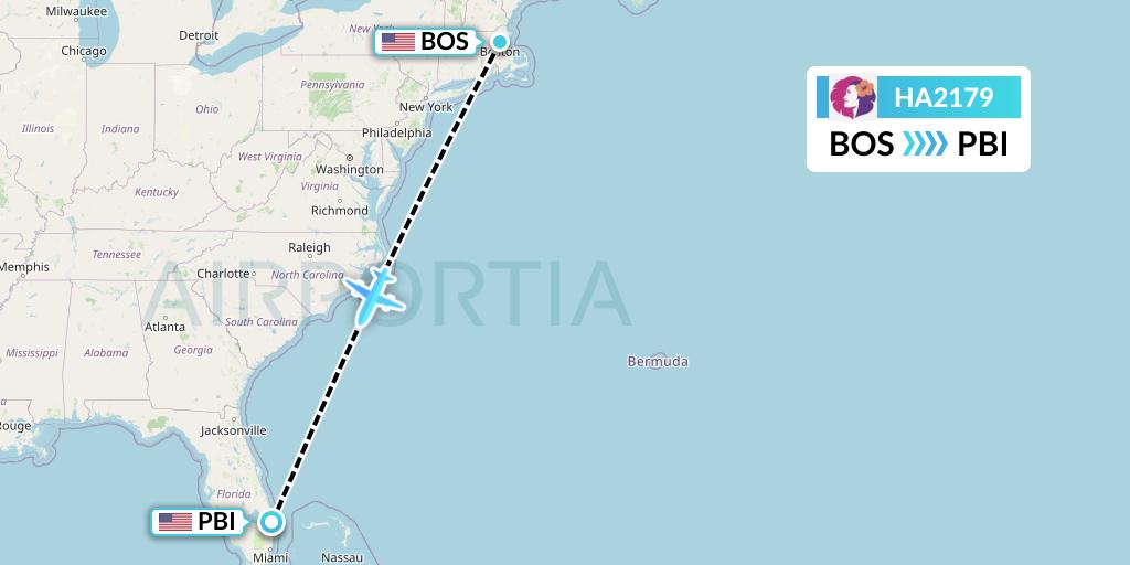 HA2179 Hawaiian Airlines Flight Map: Boston to West Palm Beach