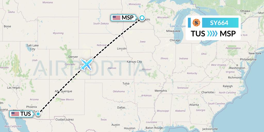 SY664 Sun Country Airlines Flight Map: Tucson to Minneapolis