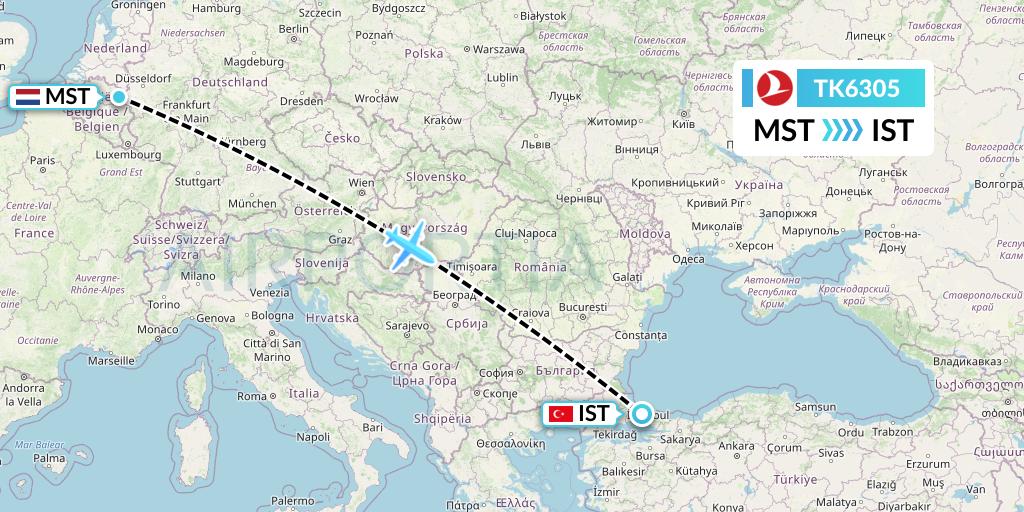 TK6305 Turkish Airlines Flight Map: Maastricht to Istanbul