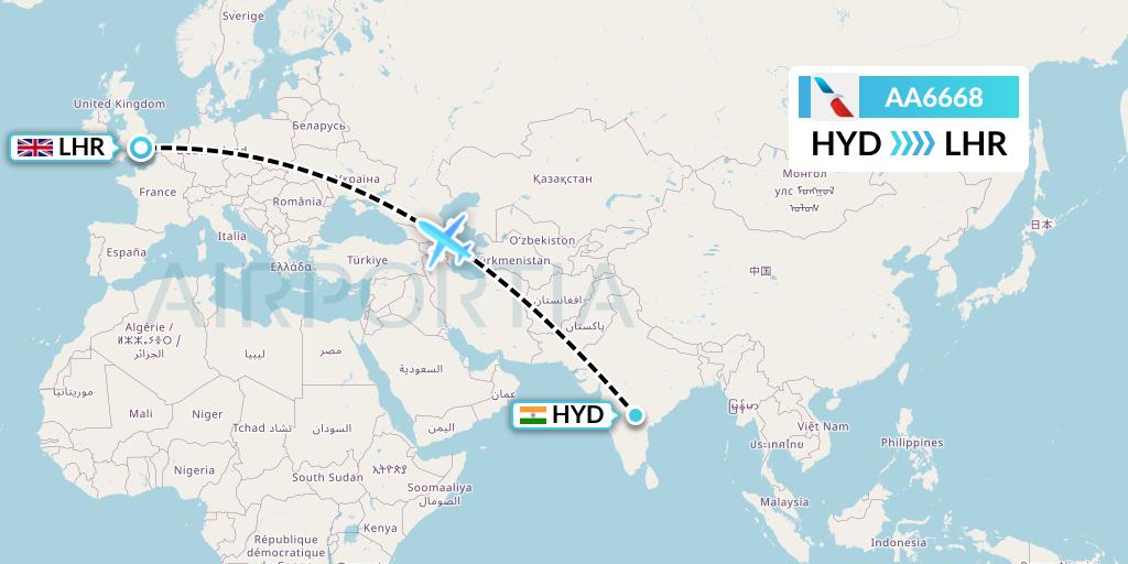 AA6668 American Airlines Flight Map: Hyderabad to London