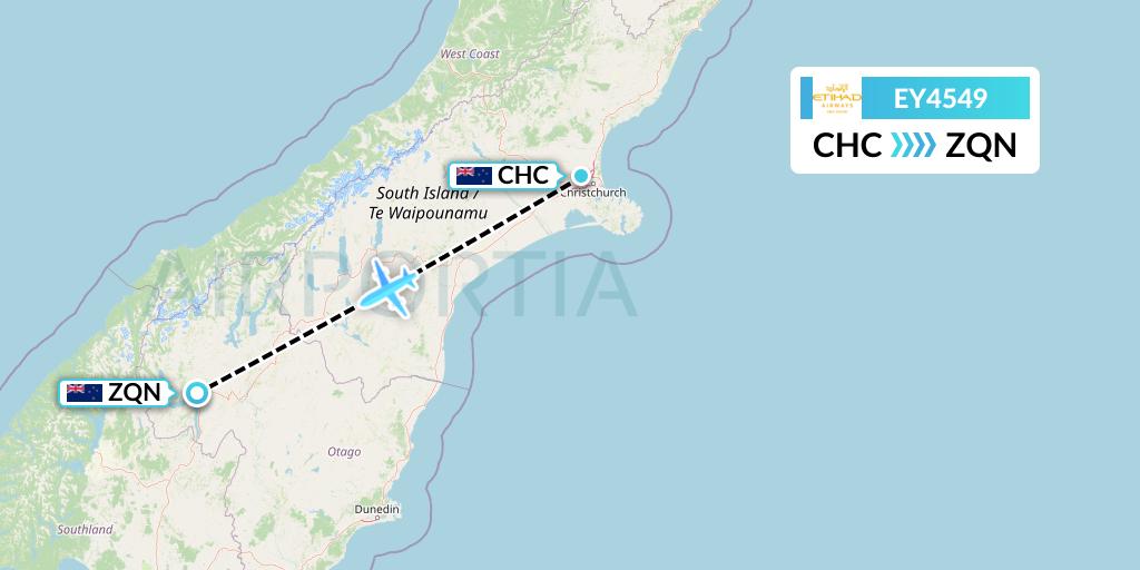 EY4549 Etihad Airways Flight Map: Christchurch to Queenstown