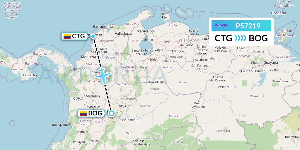 P57219 Copa Airlines Colombia Flight Map: Cartagena to Bogota