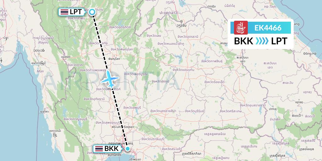 EK4466 Emirates Flight Map: Bangkok to Lampang