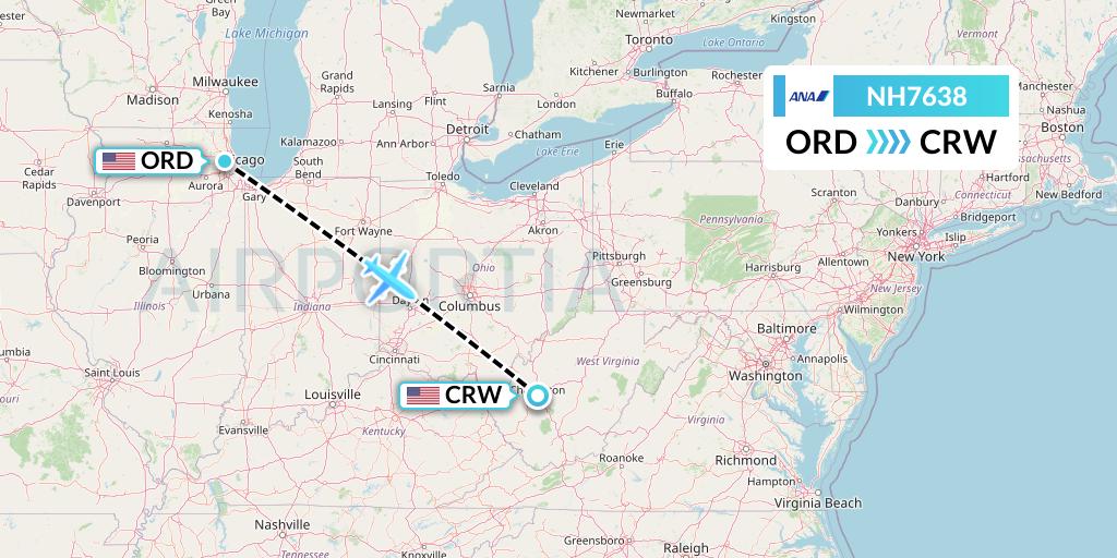 NH7638 All Nippon Airways Flight Map: Chicago to Charleston