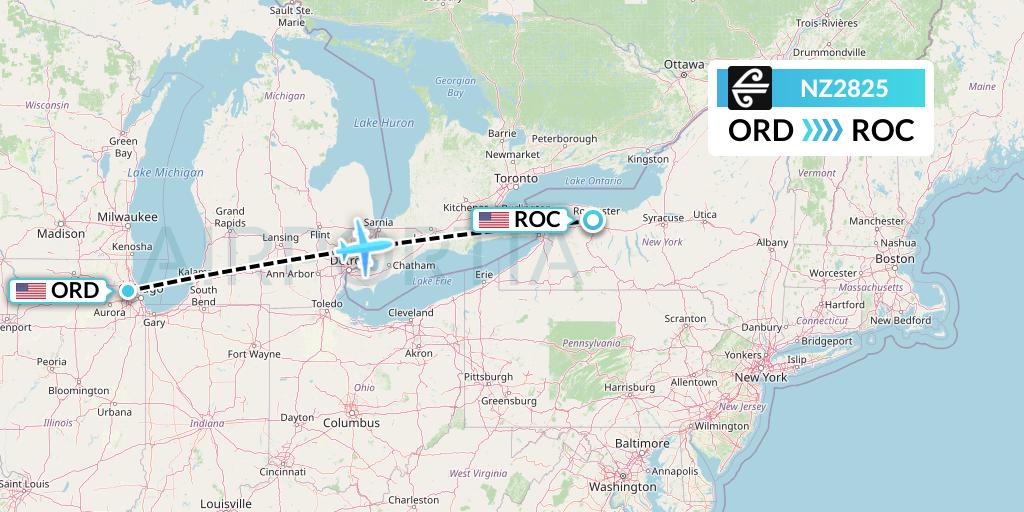NZ2825 Air New Zealand Flight Map: Chicago to Rochester