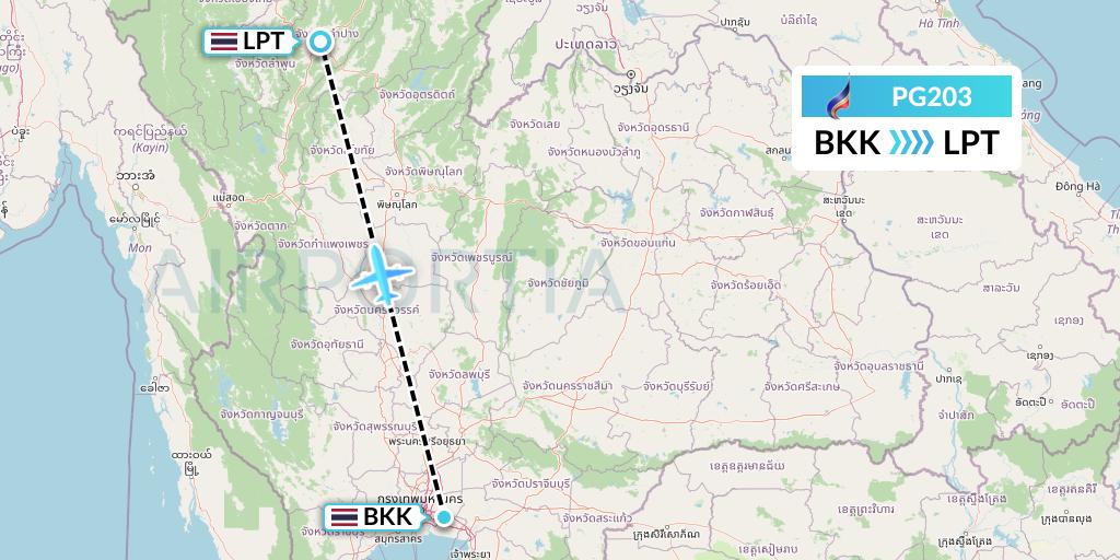 PG203 Bangkok Airways Flight Map: Bangkok to Lampang