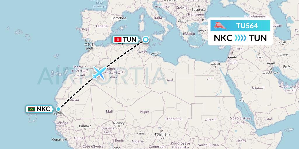 TU564 Tunisair Flight Map: Nouakchott to Tunis
