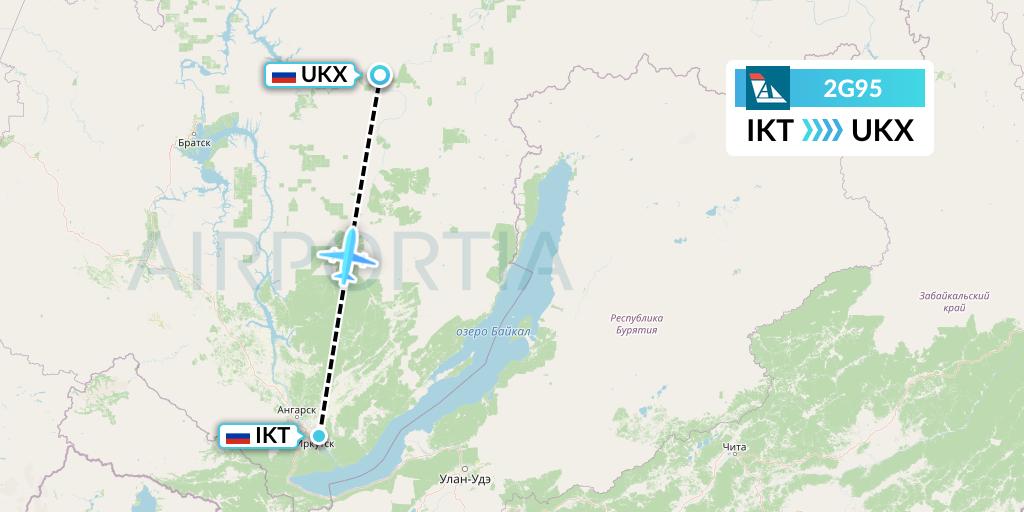 2G95 Angara Airlines Flight Map: Irkutsk to Ust-Kut