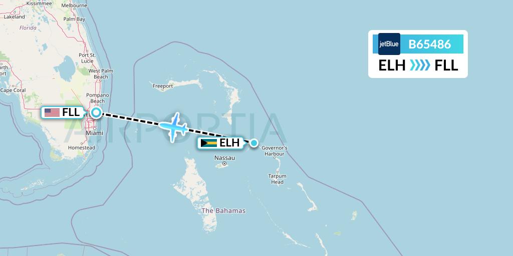 B65486 JetBlue Airways Flight Map: North Eleuthera to Fort Lauderdale