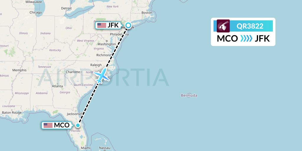 QR3822 Qatar Airways Flight Map: Orlando to New York