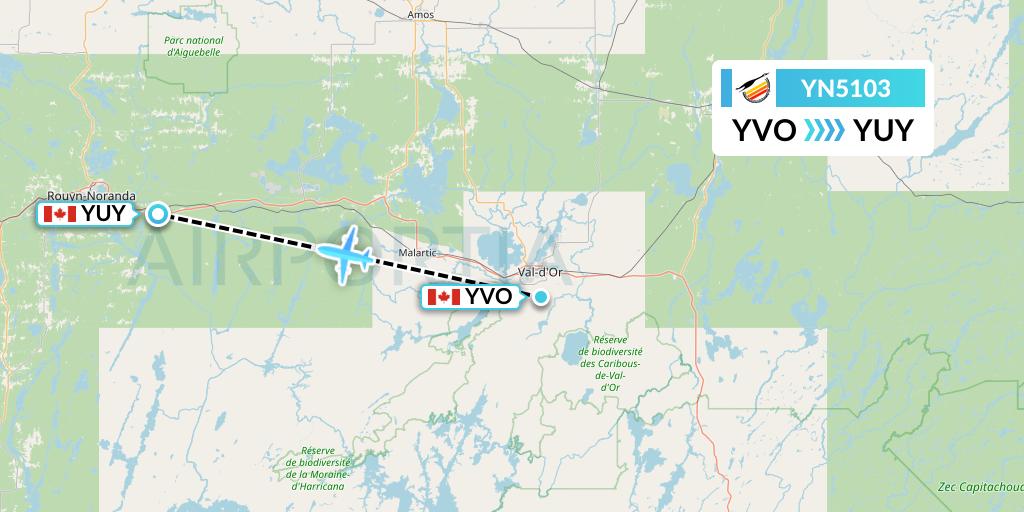 YN5103 Air Creebec Flight Map: Val-d'Or to Rouyn