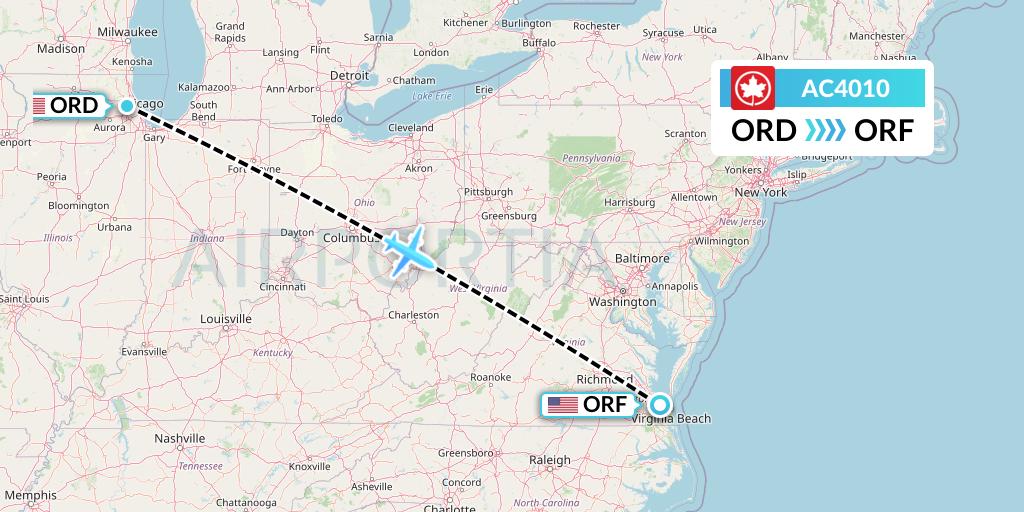 AC4010 Air Canada Flight Map: Chicago to Norfolk