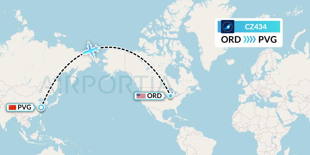 CZ434 China Southern Airlines Flight Map: Chicago to Shanghai
