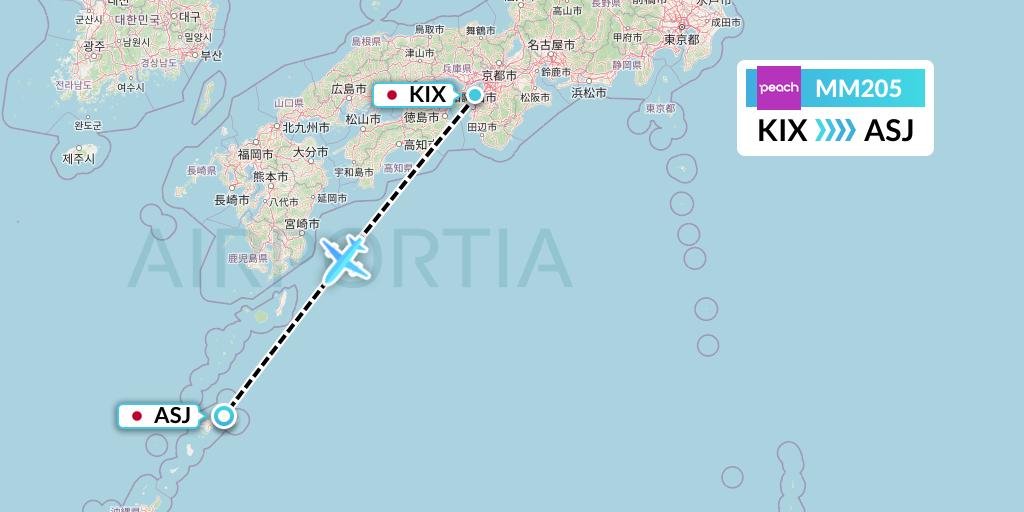 MM205 Peach Aviation Flight Map: Osaka to Amami