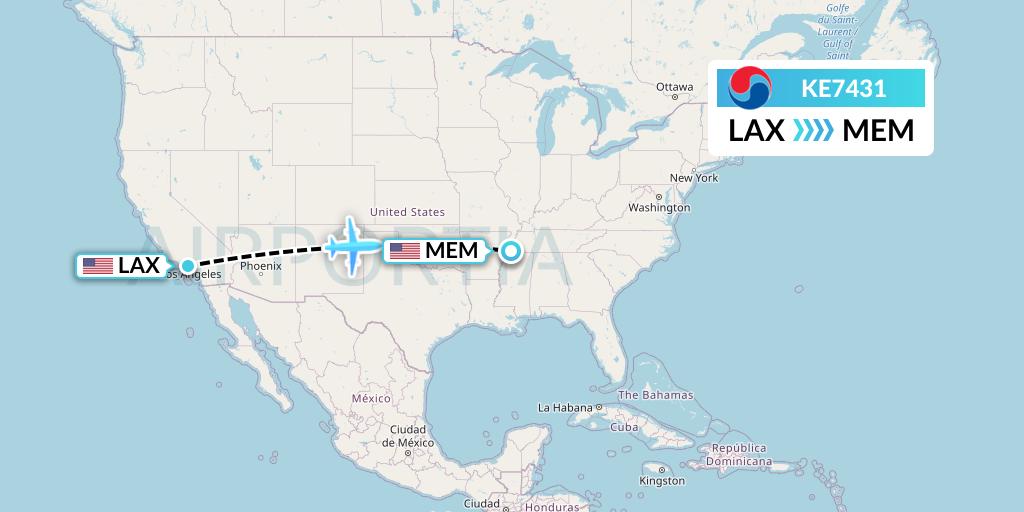 KE7431 Korean Air Flight Map: Los Angeles to Memphis