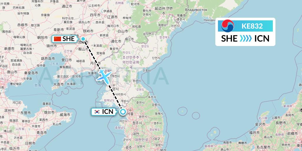 KE832 Korean Air Flight Map: Shenyang to Seoul