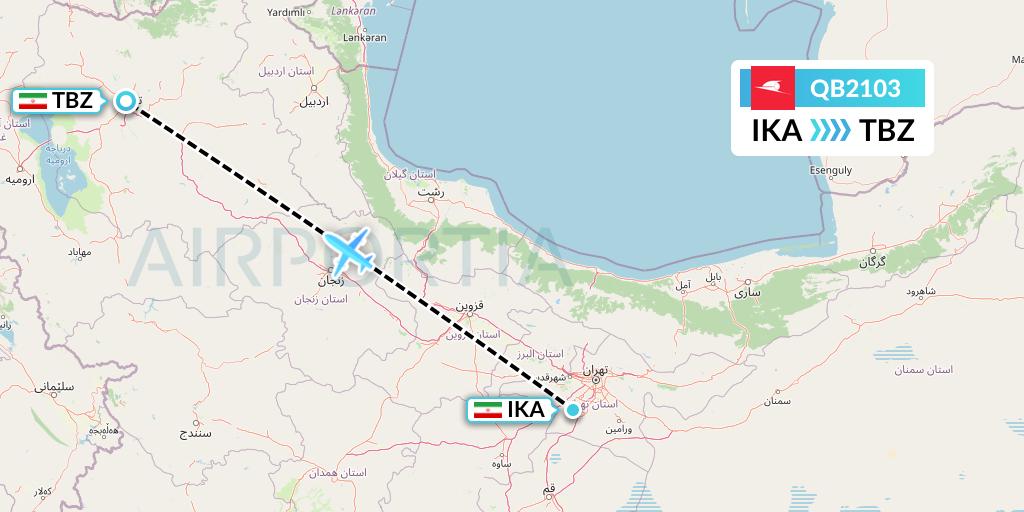 QB2103 Qeshm Airlines Flight Map: Tehran to Tabriz