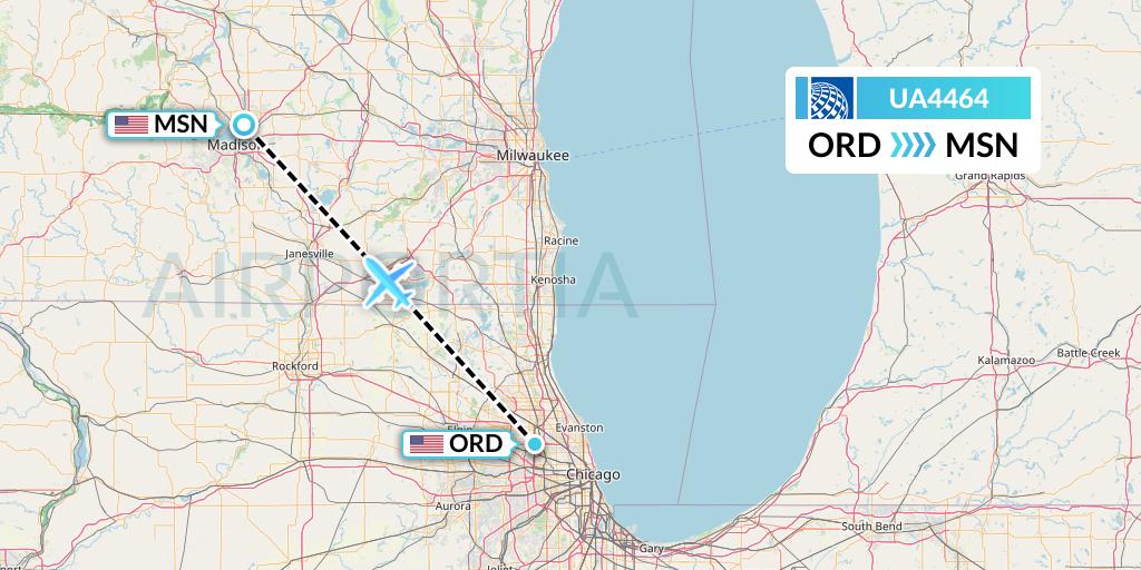 UA4464 United Airlines Flight Map: Chicago to Madison