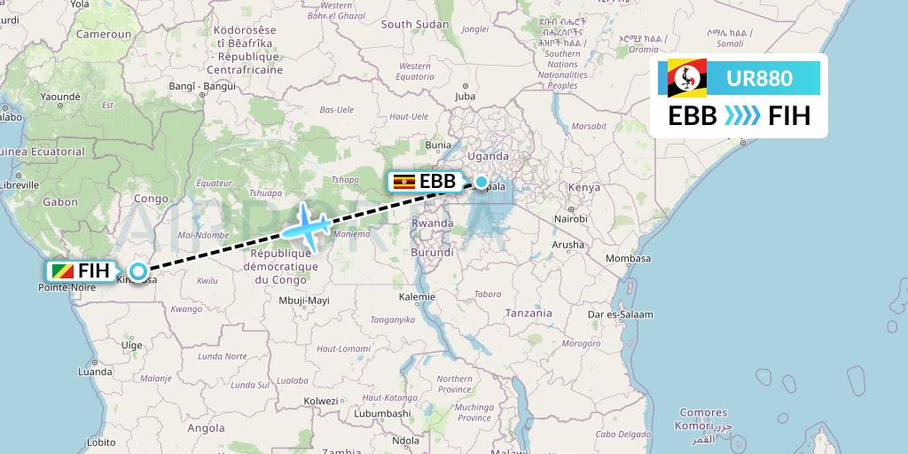 UR880 Uganda Airlines Flight Map: Entebbe to Kinshasa