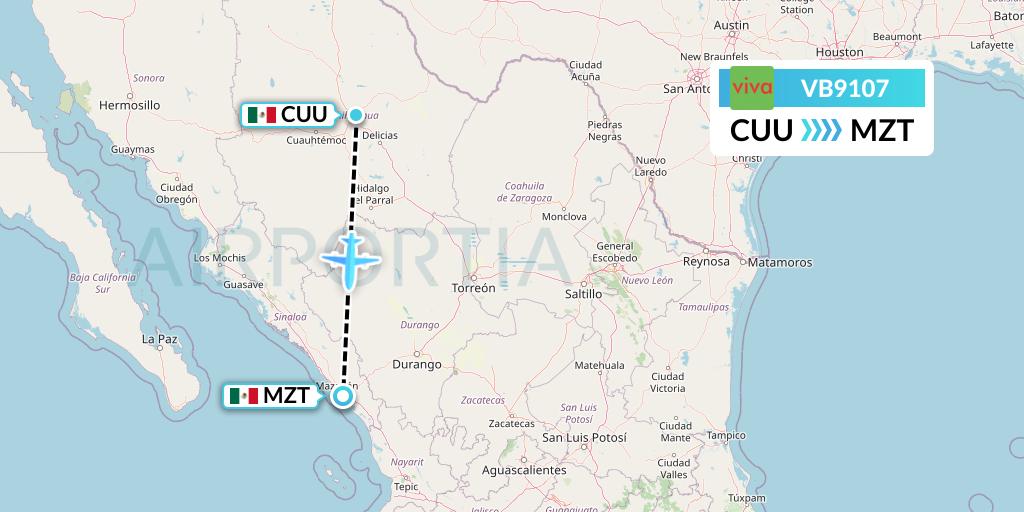 VB9107 VivaAerobus Flight Map: Chihuahua to Mazatlan