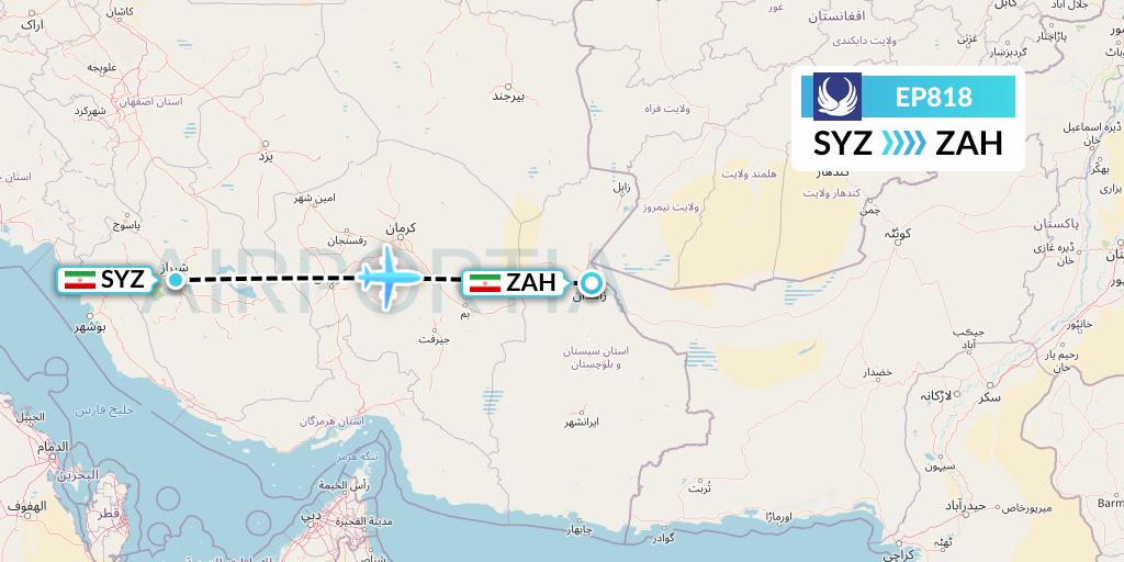 EP818 Iran Aseman Airlines Flight Map: Shiraz to Zahedan