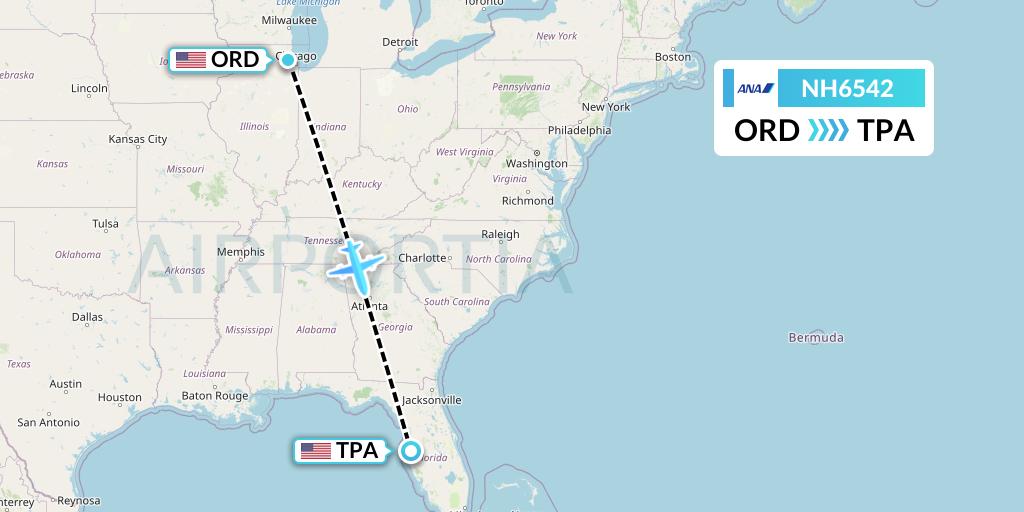 NH6542 All Nippon Airways Flight Map: Chicago to Tampa