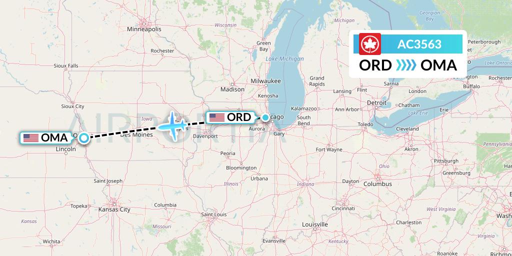 AC3563 Air Canada Flight Map: Chicago to Omaha