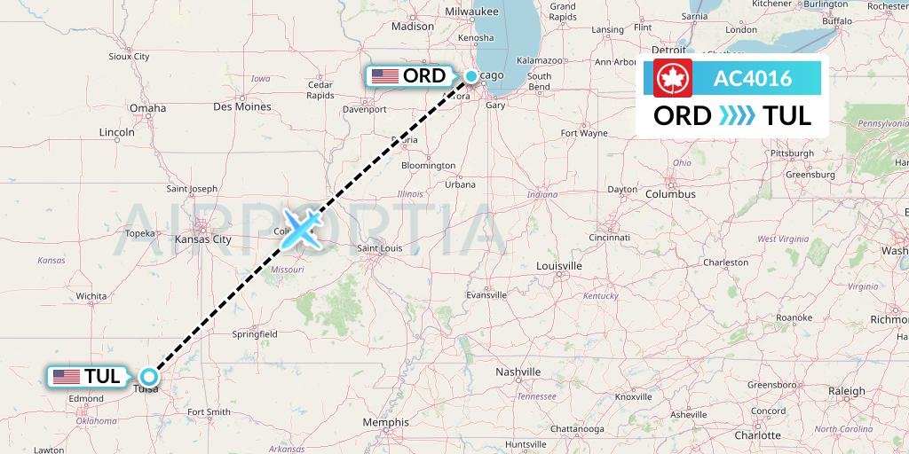 AC4016 Air Canada Flight Map: Chicago to Tulsa