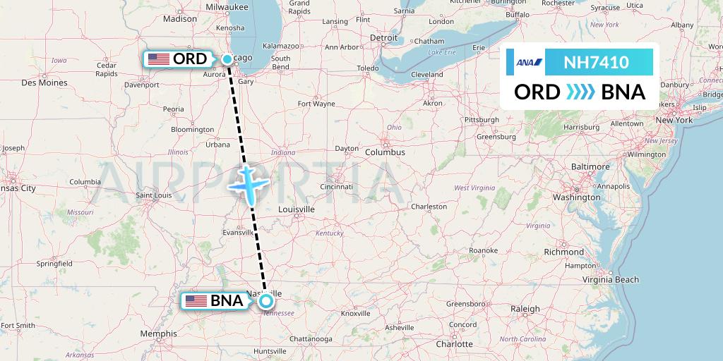 NH7410 All Nippon Airways Flight Map: Chicago to Nashville