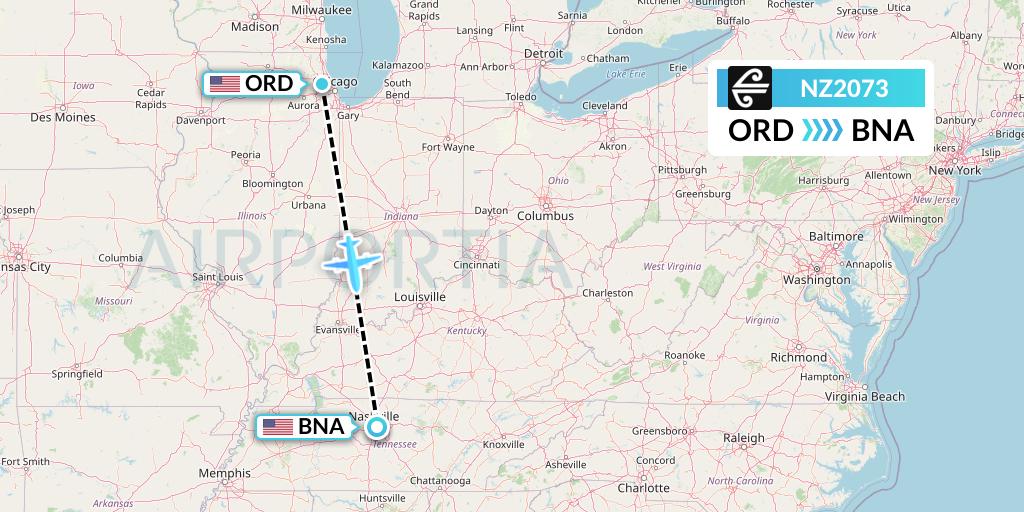 NZ2073 Air New Zealand Flight Map: Chicago to Nashville