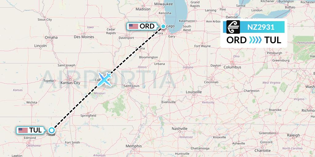 NZ2931 Air New Zealand Flight Map: Chicago to Tulsa