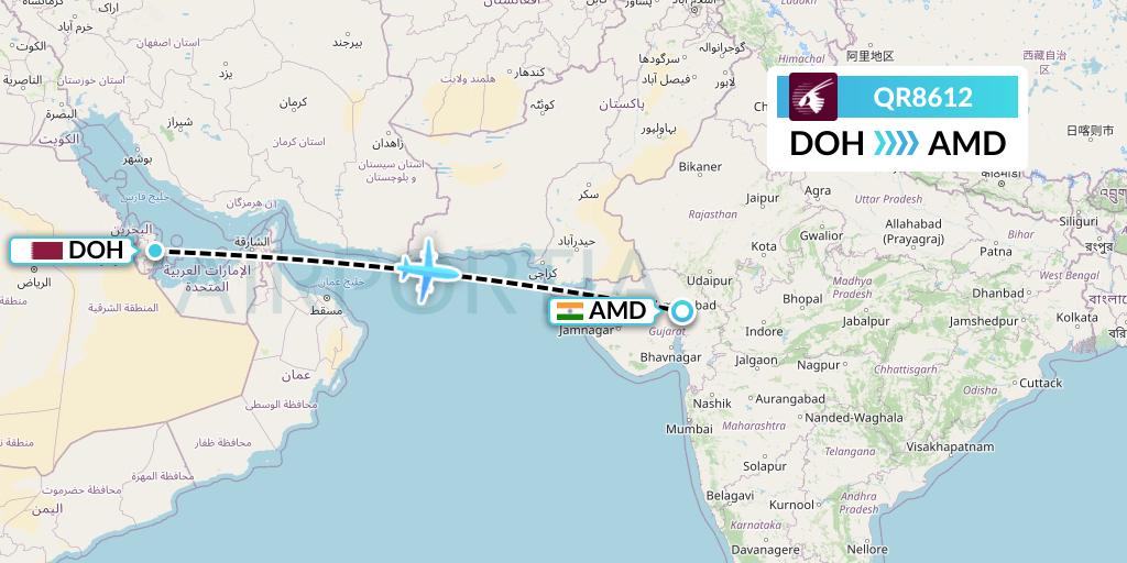 QR8612 Qatar Airways Flight Map: Doha to Ahmedabad